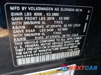 Zdjęcie 10 z 10 samochodu: 2014 VOLKSWAGEN TOUAREG V6 TDI VIN:WVGEP9BP4ED010414 - miniatura