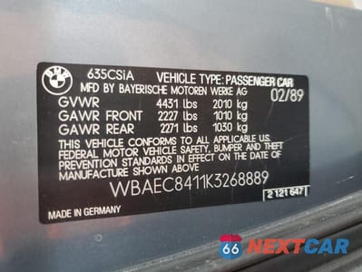 Zdjęcie 10 z 10 samochodu: 1989 BMW 635 CSI AUTOMATIC VIN:WBAEC8411K3268889 - miniatura