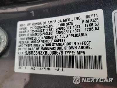 Zdjęcie 14 z 14 samochodu: 2011 HONDA CR-V LX VIN:5J6RE3H3XBL038579 - miniatura