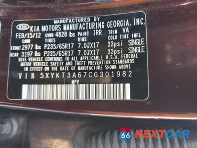 Zdjęcie 13 z 13 samochodu: 2012 KIA SORENTO LX VIN:5XYKT3A67CG301982 - miniatura