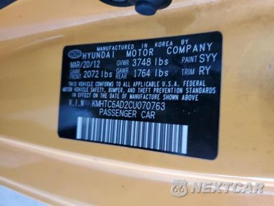 Zdjęcie 12 z 12 samochodu: 2012 HYUNDAI VELOSTER VIN:KMHTC6AD2CU070763 - miniatura