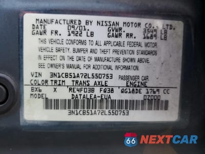 Zdjęcie 13 z 13 samochodu: 2002 NISSAN SENTRA GXE VIN:3N1CB51A72L550753 - miniatura
