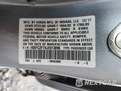 Zdjęcie 13 z 13 samochodu: 2018 HONDA CIVIC EX VIN:19XFC2F7XJE013896 - miniatura