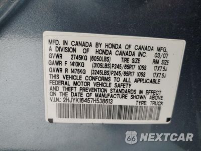 Zdjęcie 12 z 12 samochodu: 2007 HONDA RIDGELINE RTS VIN:2HJYK16457H538613 - miniatura
