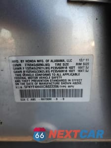 Zdjęcie 12 z 12 samochodu: 2012 HONDA PILOT VIN:5FNYF4H4XCB022206 - miniatura