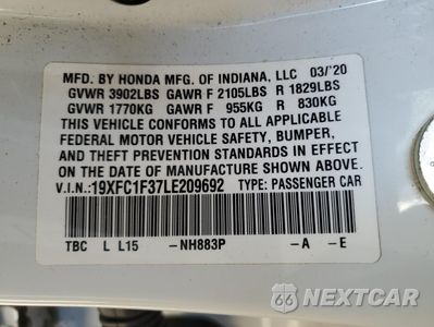 Zdjęcie 12 z 12 samochodu: 2020 HONDA CIVIC EX VIN:19XFC1F37LE209692 - miniatura