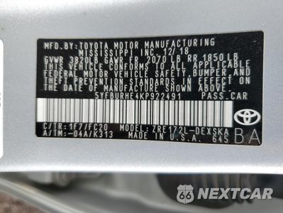Zdjęcie 12 z 12 samochodu: 2019 TOYOTA COROLLA L VIN:5YFBURHE4KP922491 - miniatura