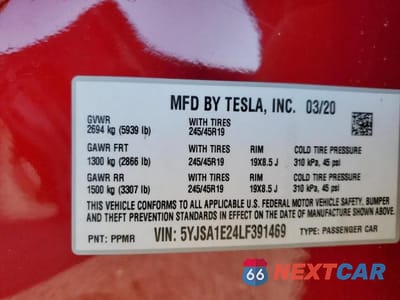 Zdjęcie 12 z 12 samochodu: 2020 TESLA MODEL S VIN:5YJSA1E24LF391469 - miniatura