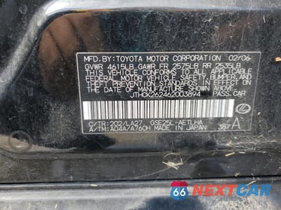 Zdjęcie 12 z 12 samochodu: 2006 LEXUS IS 250 VIN:JTHCK262462003894 - miniatura