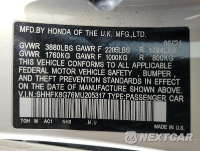 Zdjęcie 14 z 15 samochodu: 2021 HONDA CIVIC TYPE-R TOURING VIN:SHHFK8G76MU205317 - miniatura