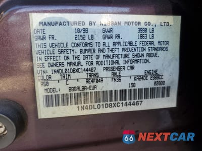 Zdjęcie 14 z 14 samochodu: 1999 NISSAN ALTIMA XE VIN:1N4DL01D8XC144467 - miniatura