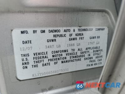 Zdjęcie 14 z 15 samochodu: 2008 CHEVROLET AVEO BASE VIN:KL1TD56658B175331 - miniatura