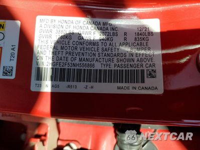 Zdjęcie 13 z 13 samochodu: 2022 HONDA CIVIC SPORT VIN:2HGFE2F53NH556866 - miniatura