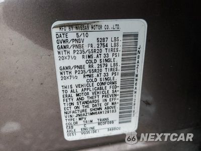 Zdjęcie 15 z 15 samochodu: 2010 NISSAN MURANO S VIN:JN8AZ1MW6AW129183 - miniatura