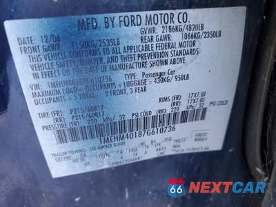 Zdjęcie 12 z 12 samochodu: 2007 MERCURY MONTEGO LUXURY VIN:1MEHM40187G610736 - miniatura