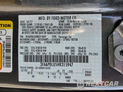 Zdjęcie 14 z 15 samochodu: 2017 FORD FUSION SE VIN:3FA6P0H97HR343270 - miniatura
