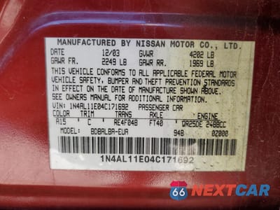 Zdjęcie 12 z 12 samochodu: 2004 NISSAN ALTIMA BASE VIN:1N4AL11E04C171692 - miniatura