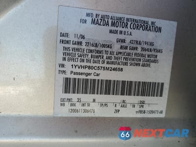 Zdjęcie 12 z 12 samochodu: 2007 MAZDA 6 I VIN:1YVHP80C575M24658 - miniatura
