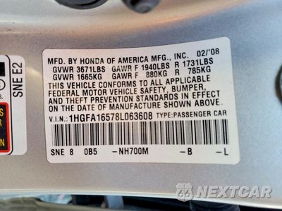 Zdjęcie 12 z 12 samochodu: 2008 HONDA CIVIC LX VIN:1HGFA16578L063608 - miniatura