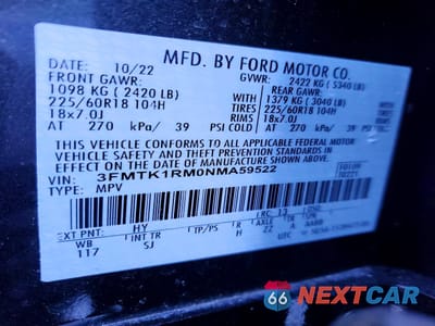 Zdjęcie 14 z 14 samochodu: 2022 FORD MUSTANG MACH-E SELECT VIN:3FMTK1RM0NMA59522 - miniatura