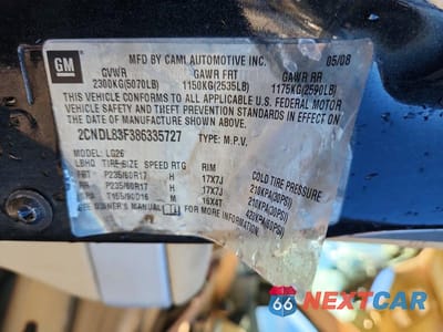 Zdjęcie 14 z 14 samochodu: 2008 CHEVROLET EQUINOX LTZ VIN:2CNDL83F386335727 - miniatura