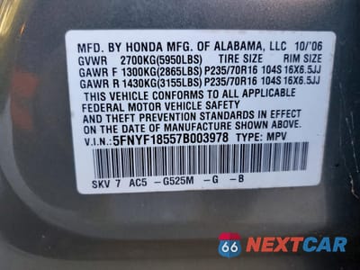 Zdjęcie 13 z 13 samochodu: 2007 HONDA PILOT EXL VIN:5FNYF18557B003978 - miniatura