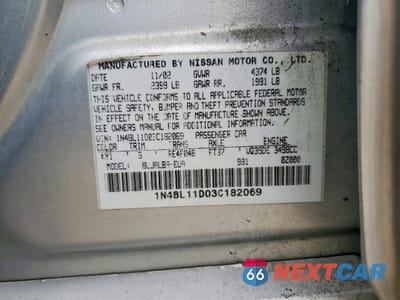 Zdjęcie 12 z 13 samochodu: 2003 NISSAN ALTIMA SE VIN:1N4BL11D03C182069 - miniatura