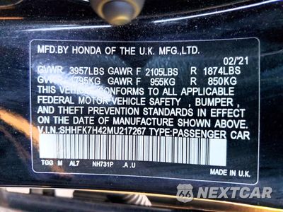Zdjęcie 12 z 13 samochodu: 2021 HONDA CIVIC SPORT VIN:SHHFK7H42MU217267 - miniatura