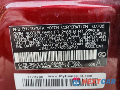 Zdjęcie 12 z 12 samochodu: 2008 LEXUS ES 350 VIN:JTHBJ46GX82268490 - miniatura