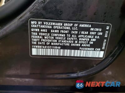 Zdjęcie 12 z 12 samochodu: 2012 VOLKSWAGEN PASSAT SE VIN:1VWBN7A31CC110549 - miniatura