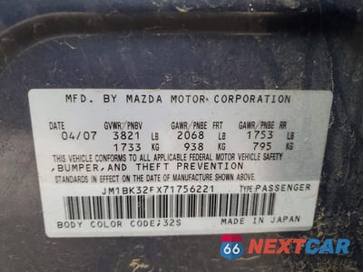 Zdjęcie 12 z 12 samochodu: 2007 MAZDA 3 I VIN:JM1BK32FX71756221 - miniatura