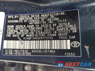 Zdjęcie 12 z 13 samochodu: 2012 TOYOTA CAMRY BASE VIN:4T4BF1FK5CR173145 - miniatura