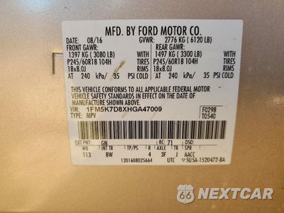Zdjęcie 14 z 14 samochodu: 2017 FORD EXPLORER XLT VIN:1FM5K7D8XHGA47009 - miniatura