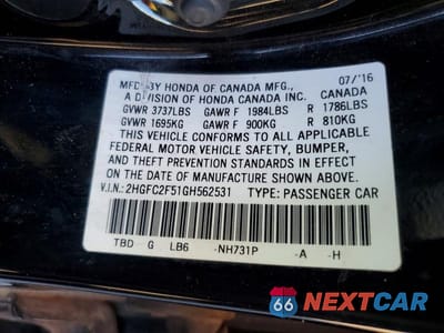Zdjęcie 13 z 13 samochodu: 2016 HONDA CIVIC LX VIN:2HGFC2F51GH562531 - miniatura