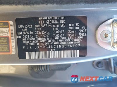 Zdjęcie 14 z 14 samochodu: 2022 KIA SORENTO LX VIN:5XYRG4LC9NG076107 - miniatura