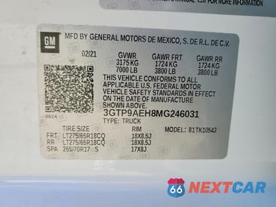 Zdjęcie 12 z 13 samochodu: 2021 GMC SIERRA K1500 VIN:3GTP9AEH8MG246031 - miniatura