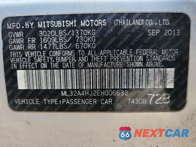 Zdjęcie 12 z 12 samochodu: 2014 MITSUBISHI MIRAGE ES VIN:ML32A4HJ2EH006632 - miniatura