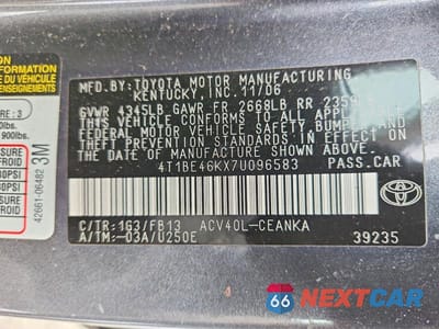 Zdjęcie 12 z 12 samochodu: 2007 TOYOTA CAMRY CE VIN:4T1BE46KX7U096583 - miniatura