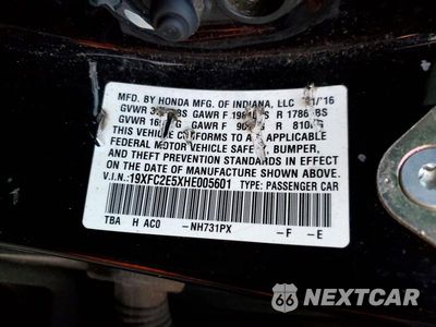 Zdjęcie 12 z 12 samochodu: 2017 HONDA CIVIC LX VIN:19XFC2E5XHE005601 - miniatura