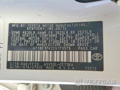 Zdjęcie 12 z 13 samochodu: 2012 TOYOTA CAMRY BASE VIN:4T1BF1FK2CU173579 - miniatura
