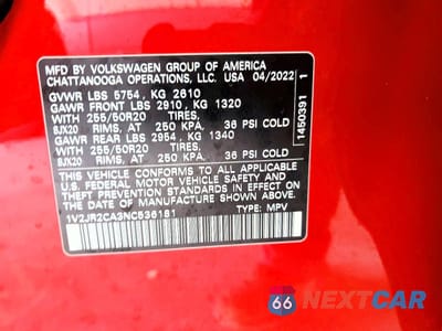 Zdjęcie 14 z 14 samochodu: 2022 VOLKSWAGEN ATLAS SE VIN:1V2JR2CA3NC536181 - miniatura