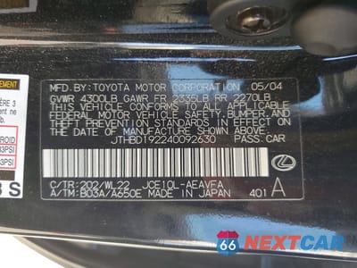 Zdjęcie 12 z 13 samochodu: 2004 LEXUS IS 300 VIN:JTHBD192240092630 - miniatura