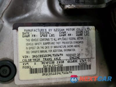 Zdjęcie 12 z 12 samochodu: 2004 NISSAN SENTRA 1.8 VIN:3N1CB51D34L910694 - miniatura
