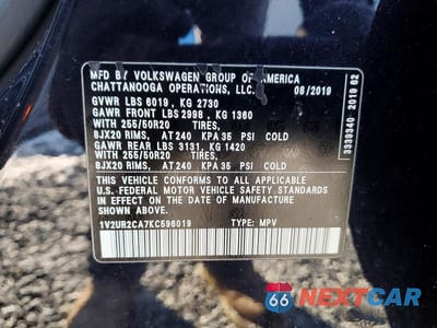 Zdjęcie 13 z 13 samochodu: 2019 VOLKSWAGEN ATLAS SE VIN:1V2UR2CA7KC596019 - miniatura
