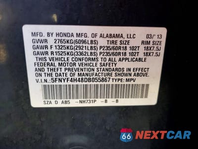 Zdjęcie 13 z 13 samochodu: 2013 HONDA PILOT VIN:5FNYF4H48DB055867 - miniatura