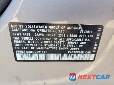 Zdjęcie 12 z 12 samochodu: 2013 VOLKSWAGEN PASSAT SE VIN:1VWBP7A30DC021101 - miniatura