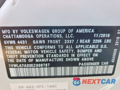 Zdjęcie 12 z 12 samochodu: 2019 VOLKSWAGEN PASSAT VIN:1VWLA7A32KC008787 - miniatura