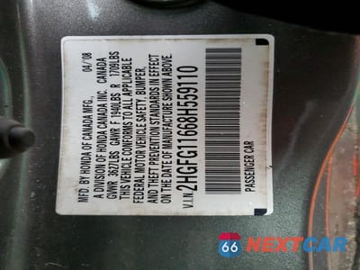 Zdjęcie 13 z 13 samochodu: 2008 HONDA CIVIC LX VIN:2HGFG11668H559110 - miniatura