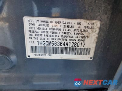 Zdjęcie 12 z 12 samochodu: 2004 HONDA ACCORD LX VIN:1HGCM56364A128017 - miniatura