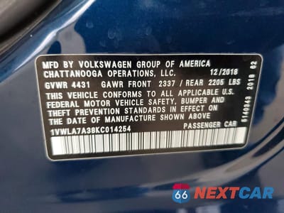 Zdjęcie 12 z 12 samochodu: 2019 VOLKSWAGEN PASSAT WOLFSBURG VIN:1VWLA7A38KC014254 - miniatura